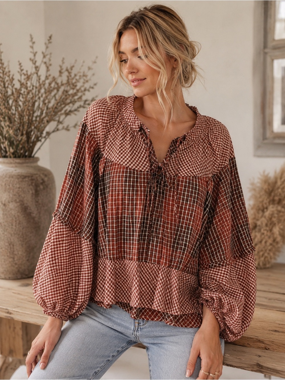 Oli & Hali Glory to the Day Plaid Folk Boho Ruffle Blouse